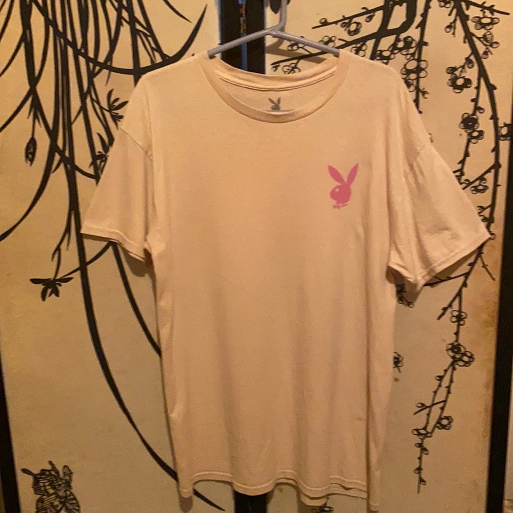 Playboy Men’s Cream T -Shirt W/Pink Bunny Playboy Graphic